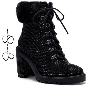 NEW Jessica Simpson Deliah Black Fur Trimmed Rhinestone Block Heel Bootie Sz:5.5